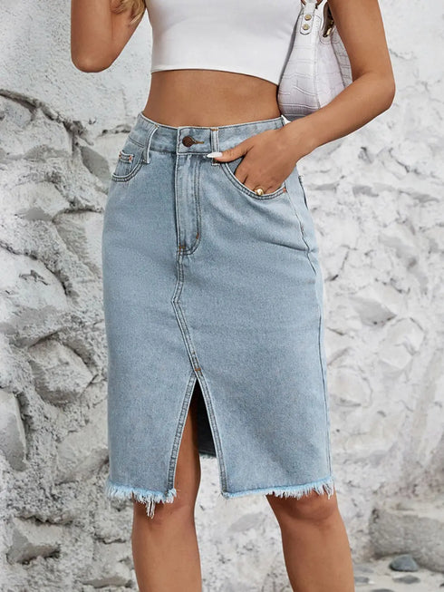 'Khaleesi' Raw Hem Slit Denim Skirt - Celes Fashion